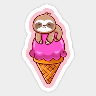 Cute Sloth On Ice Cream Cone Cartoon Sticker